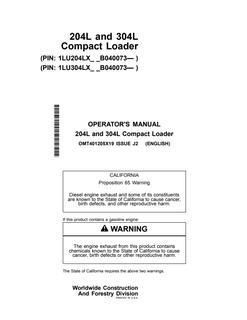 John Deere 204L, 304L Compact Loader Operator manual OMT401205X19 — actual manual cover