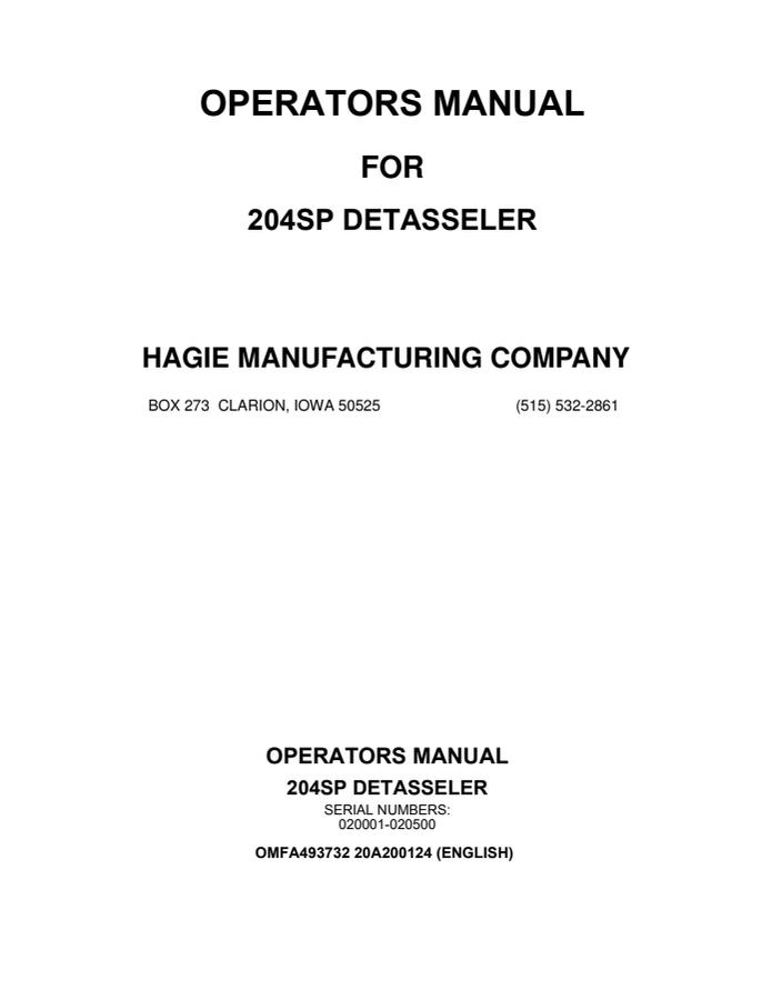 John Deere 204SP Detasseler Operator manual OMFA493732 — actual manual cover