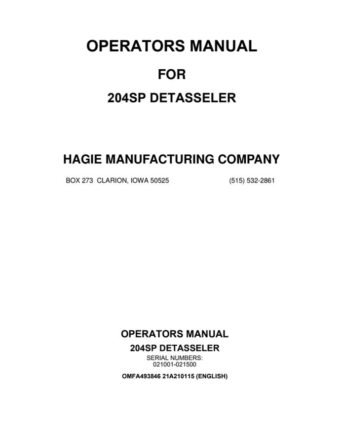 John Deere 204SP Detasseler Operator manual OMFA493846 — actual manual cover
