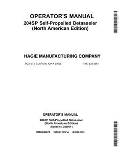 John Deere 204SP Self-Propelled Detasseler Operator manual OMKK90678 — actual manual cover