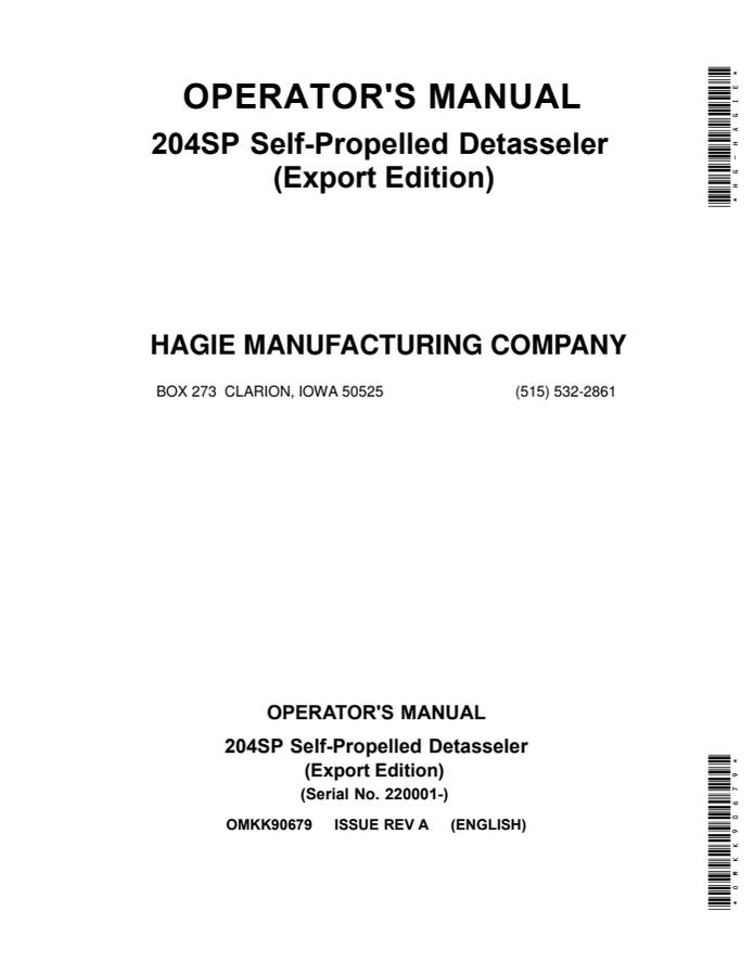 John Deere 204SP Self-Propelled Detasseler Operator manual OMKK90679 — actual manual cover