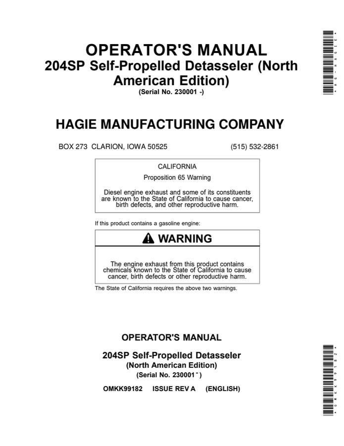 John Deere 204SP Self-Propelled Detasseler Operator manual OMKK99182 — actual manual cover