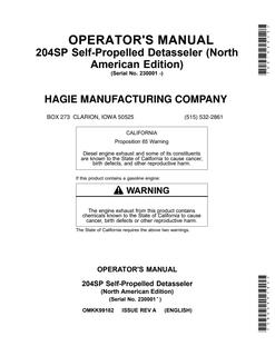 John Deere 204SP Self-Propelled Detasseler Operator manual OMKK99182 — actual manual cover