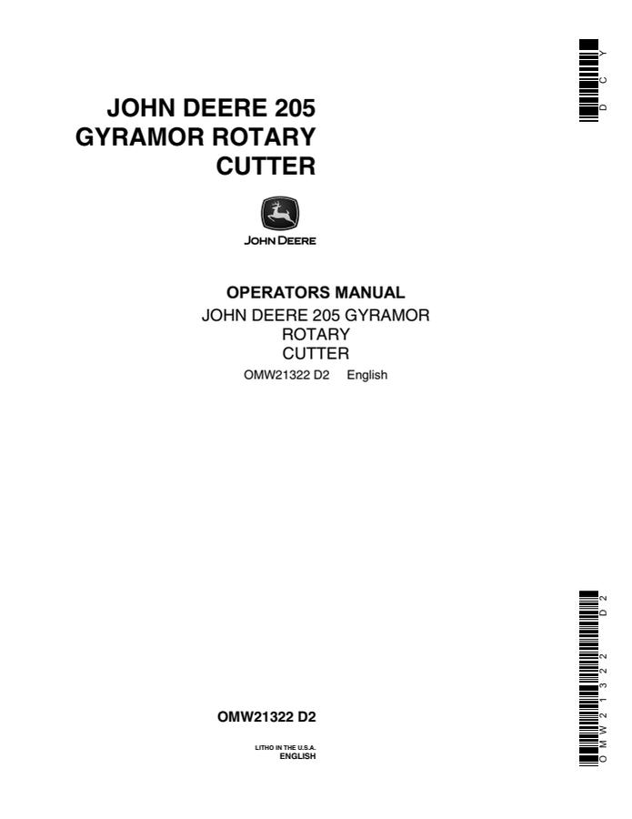 John Deere 205 Gyramor Rotary Cutter Operator manual OMW21322 — actual manual cover