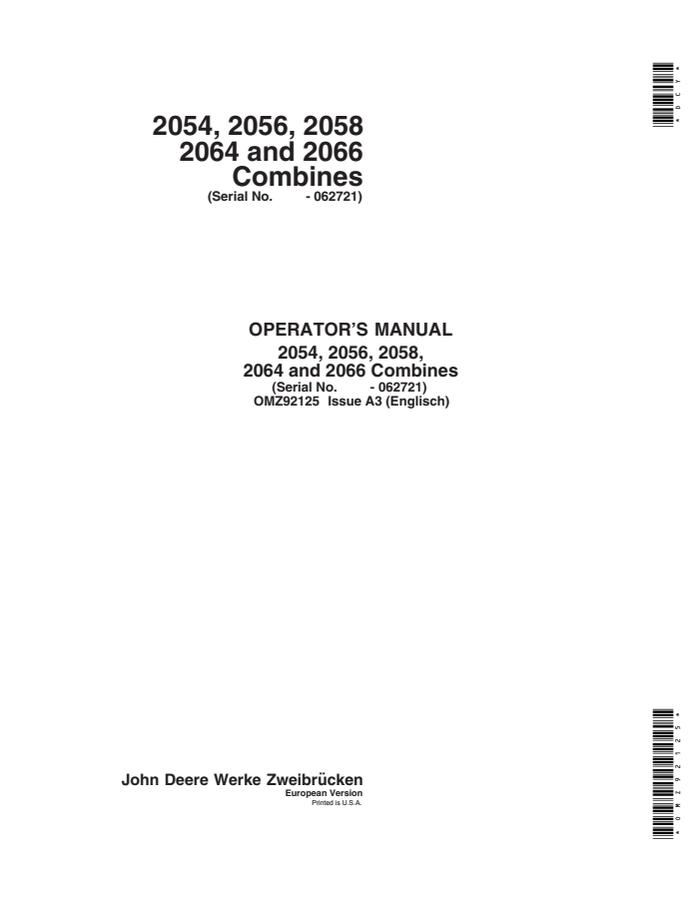 John Deere 2054, 2056, 2058, 2064, 2066 Combine Operator manual OMZ92125 — actual manual cover