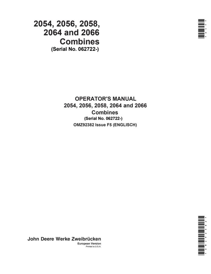 John Deere 2054, 2056, 2058, 2064, 2066 Combine Operator manual OMZ92382 — actual manual cover