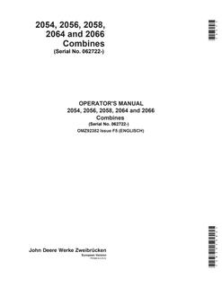John Deere 2054, 2056, 2058, 2064, 2066 Combine Operator manual OMZ92382 — actual manual cover