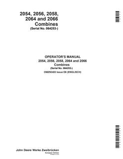 John Deere 2054, 2056, 2058, 2064, 2066 Combine Operator manual OMZ92483 — actual manual cover