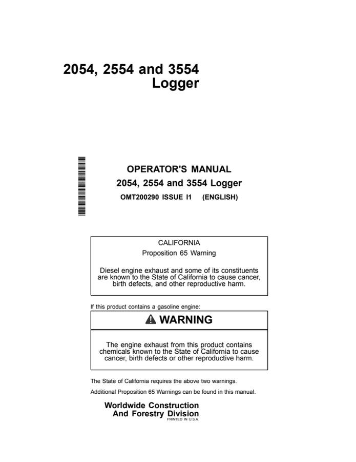John Deere 2054, 2554, 3554 Logger Operator manual OMT200290 — actual manual cover