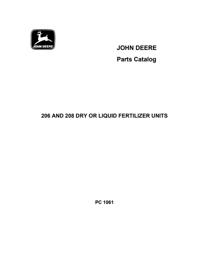 John Deere 206 and 208 Dry or Liquid Fertilizer Units Parts Catalog — actual manual cover