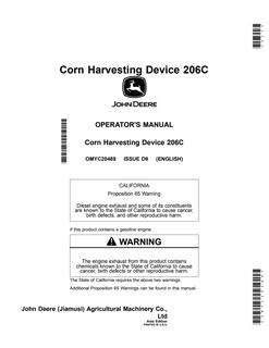 John Deere 206C Corn Harvesting Device Operator manual OMYC20489 — actual manual cover
