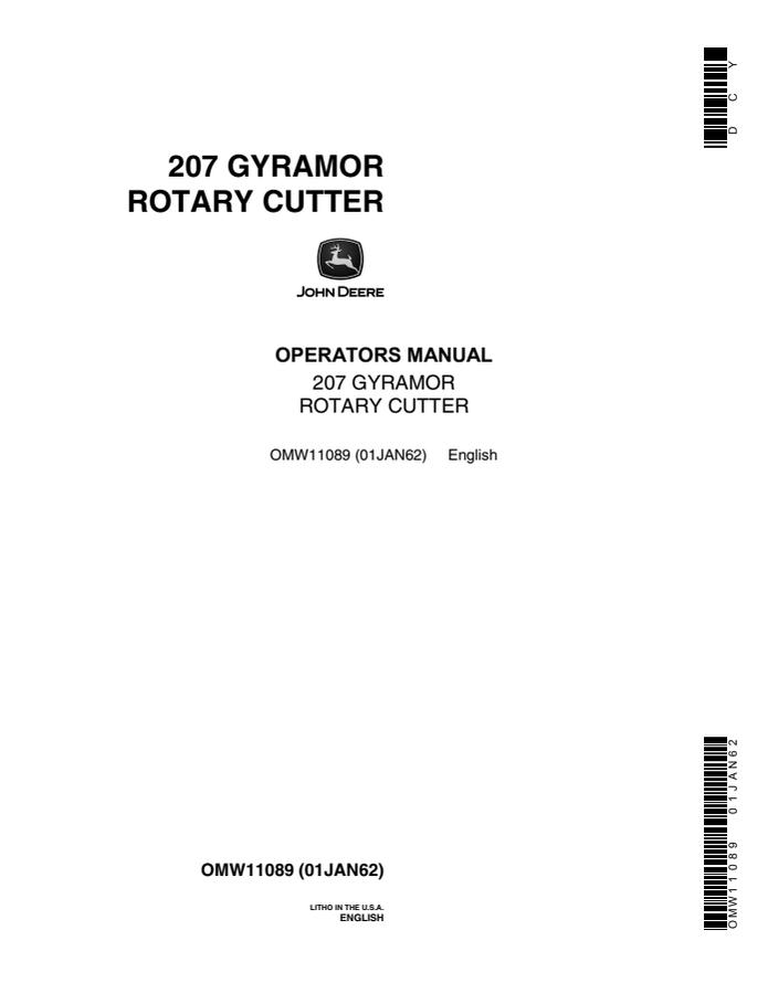 John Deere 207 Gyramor Rotary Cutter Operator manual OMW11089 — actual manual cover