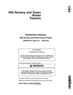 John Deere 20A Nursery and Greenhouse Tractor Operator manual OMRE280702 — actual manual cover