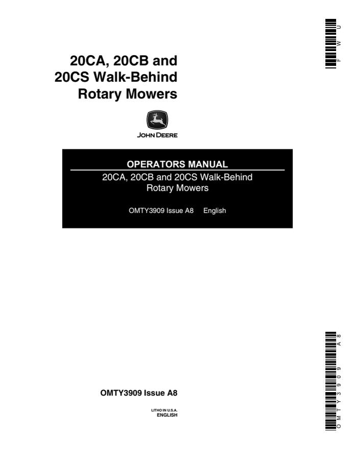 John Deere 20CA, 20CB, 20CS Walk-Behind Rotary Mower Operator manual OMTY3909 — actual manual cover