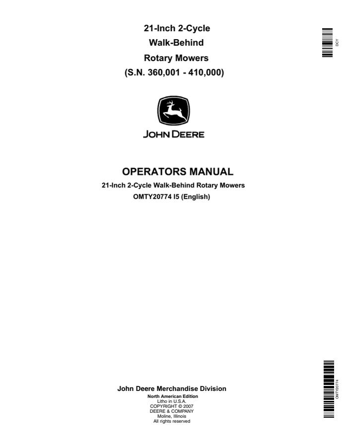 John Deere 21-Inch 2-Cycle Walk-Behind Rotary Mowers Operator's Manual — actual manual cover