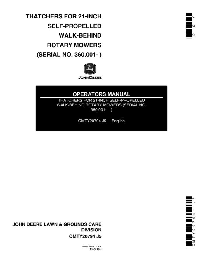 John Deere 21-inch self-propelled walk-behind rotary mowers Thatcher Operator Manual OMTY20794 — actual manual cover