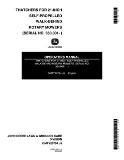 John Deere 21-inch self-propelled walk-behind rotary mowers Thatcher Operator Manual OMTY20794 — actual manual cover