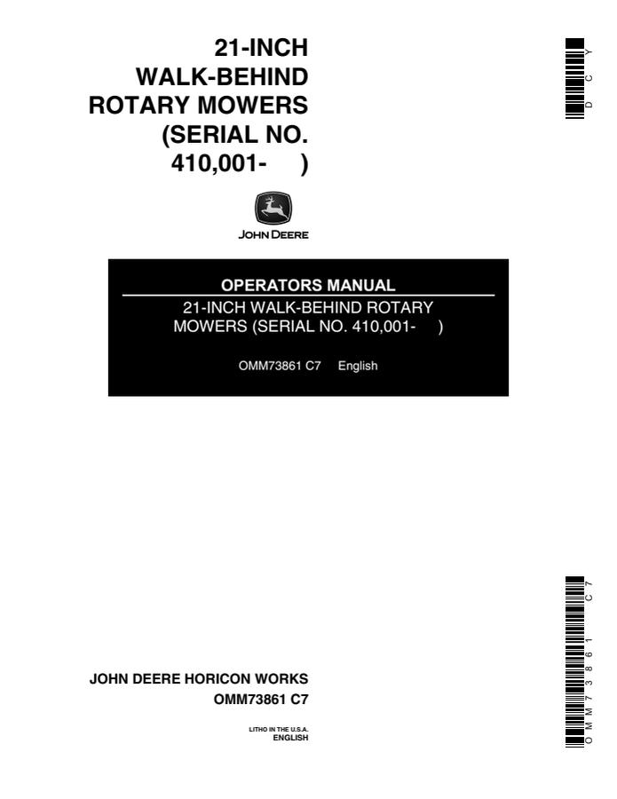 John Deere 21-Inch Walk-Behind Rotary Mowers Operator's Manual — actual manual cover