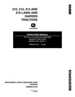John Deere 210, 212, 214, 216 Lawn and garden tractor Operator's manual OMM83194 — actual manual cover