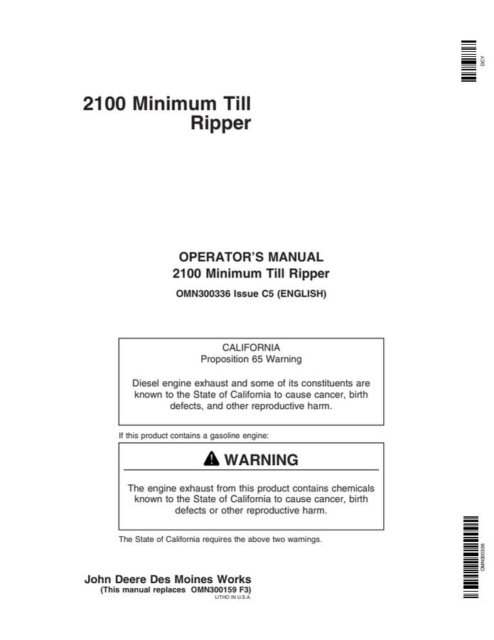 John Deere 2100 Minimum till ripper Operator manual OMN300336 — actual manual cover