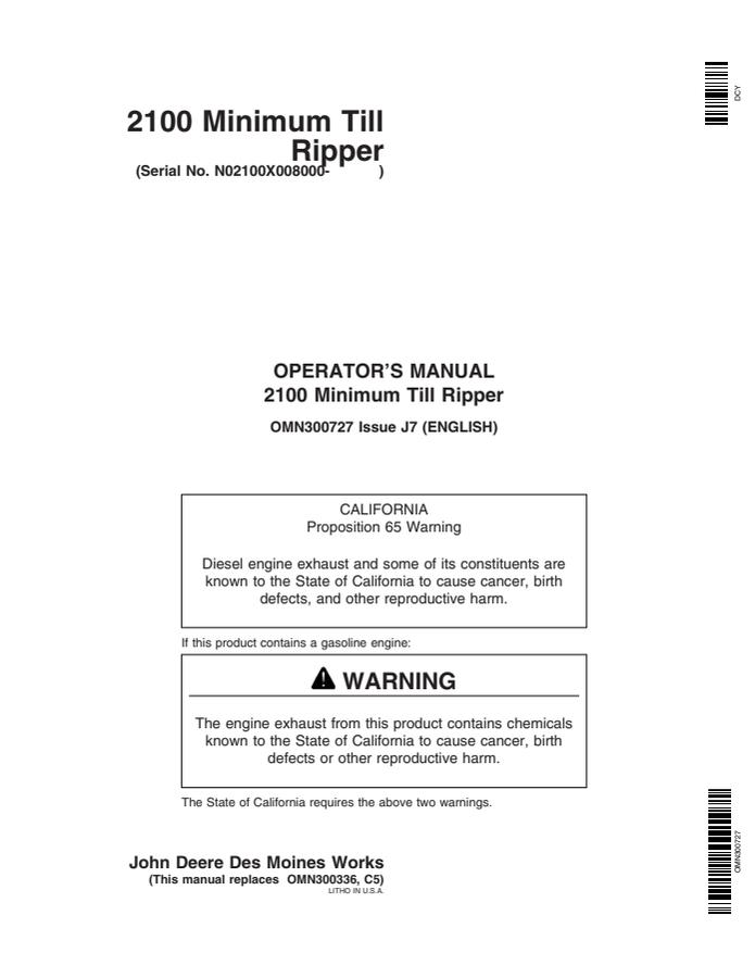 John Deere 2100 Minimum Till Ripper Operator manual OMN300727 — actual manual cover