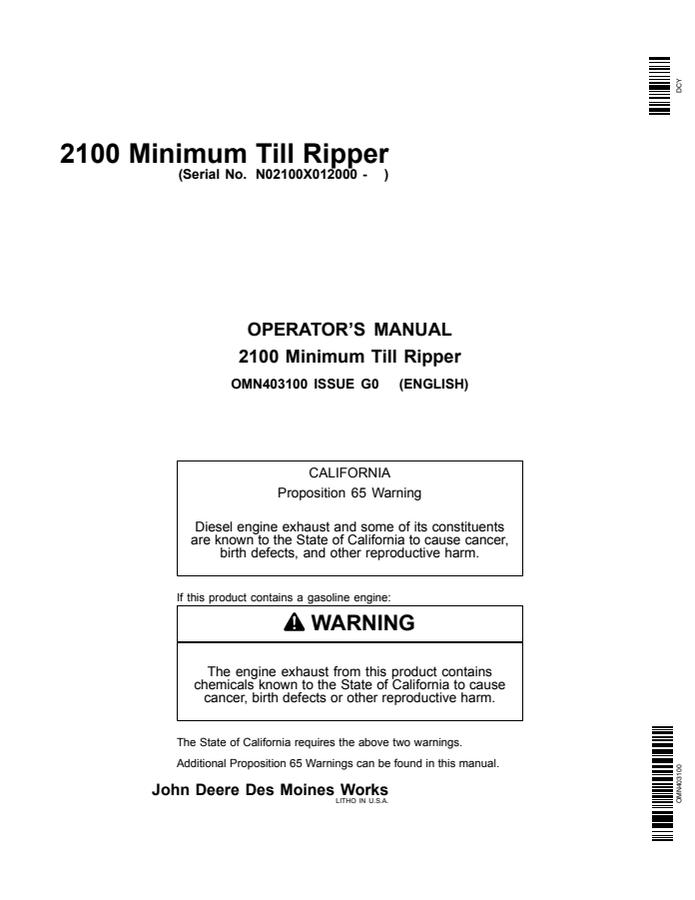 John Deere 2100 Minimum Till Ripper Operator manual OMN403100 — actual manual cover