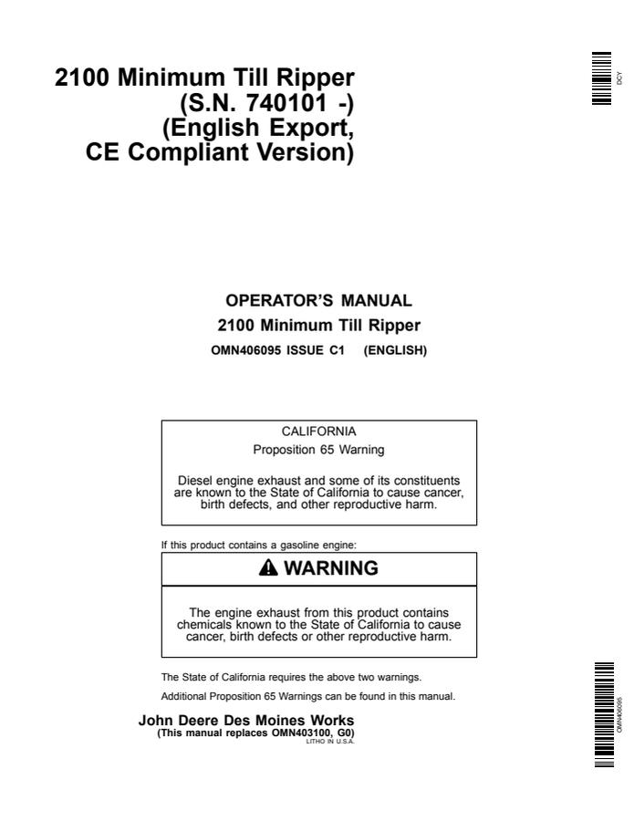 John Deere 2100 Minimum Till Ripper Operator manual OMN406095 — actual manual cover