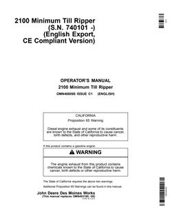 John Deere 2100 Minimum Till Ripper Operator manual OMN406095 — actual manual cover