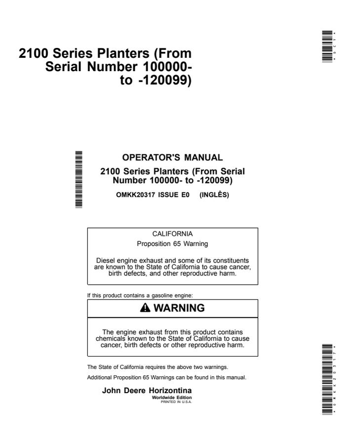 John Deere 2100 Series Planter Operator manual OMKK20317 — actual manual cover