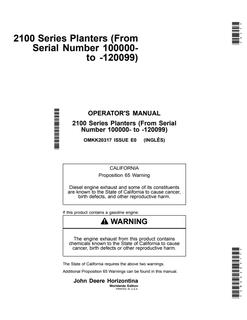 John Deere 2100 Series Planter Operator manual OMKK20317 — actual manual cover