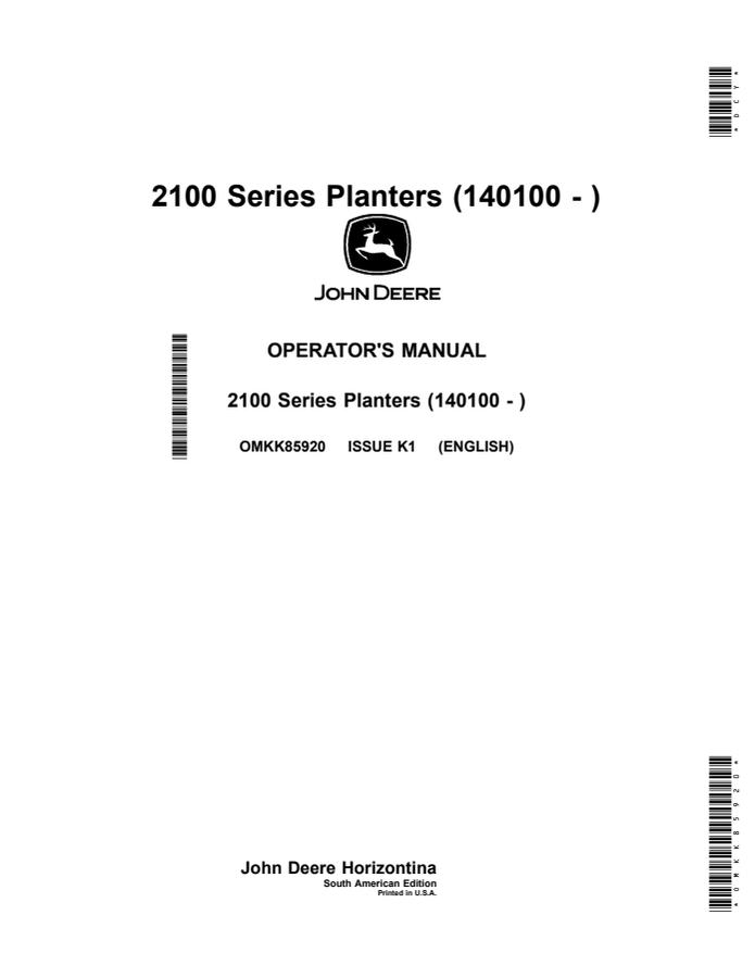 John Deere 2100 Series Planter Operator manual OMKK85920 — actual manual cover
