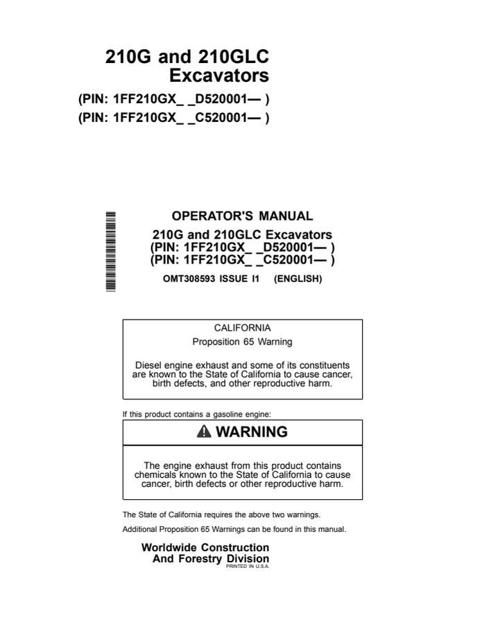 John Deere 210G, 210GLC Excavator Operator manual OMT308593 — actual manual cover