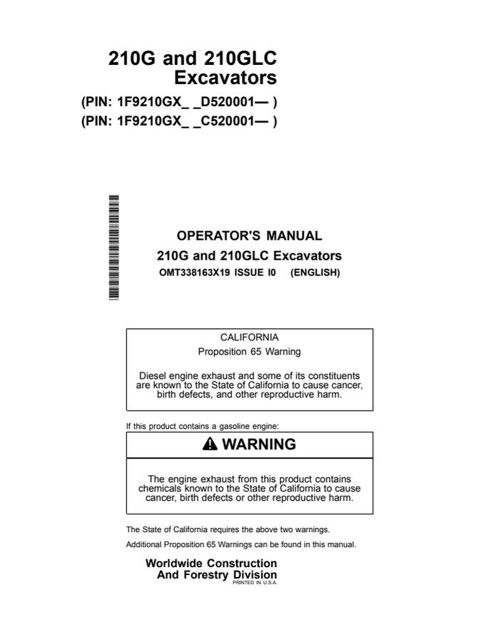 John Deere 210G, 210GLC Excavator Operator manual OMT338163X19 — actual manual cover
