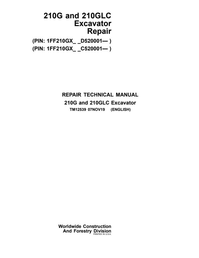 John Deere 210G, 210GLC Excavator Repair technical manual — actual manual cover