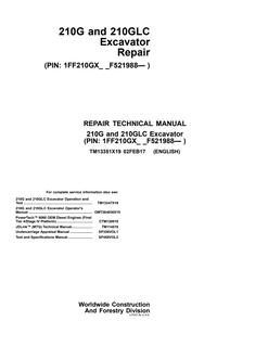 John Deere 210G, 210GLC Excavator Repair Technical Manual TM13351X19 — actual manual cover