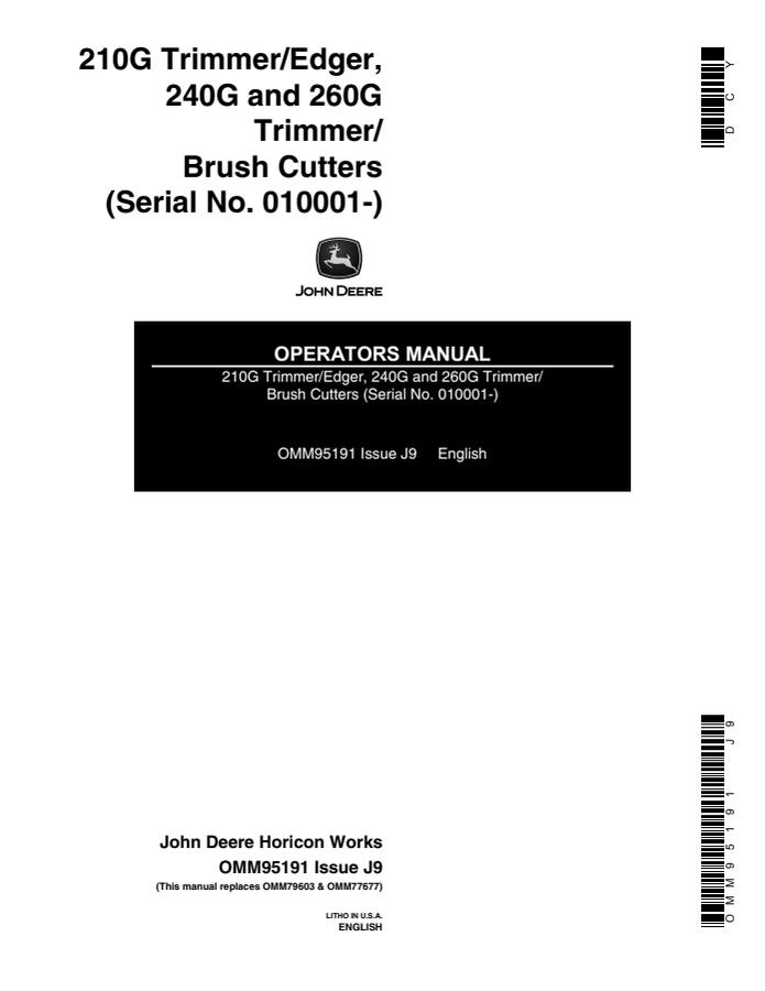 John Deere 210G, 240G, 260G Trimmer/Edger and Trimmer/Brush Cutter Operator manual OMM95191 — actual manual cover