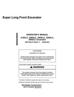 John Deere 210GLC, 250GLC, 290GLC, 300GLC, 350GLC Super Long Front Excavator Operator manual OMT330416 — actual manual cover