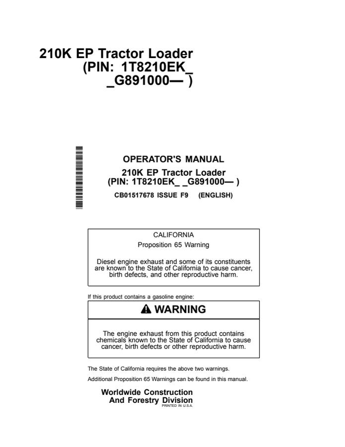 John Deere 210K EP Tractor Loader Operator manual CB01517678 — actual manual cover