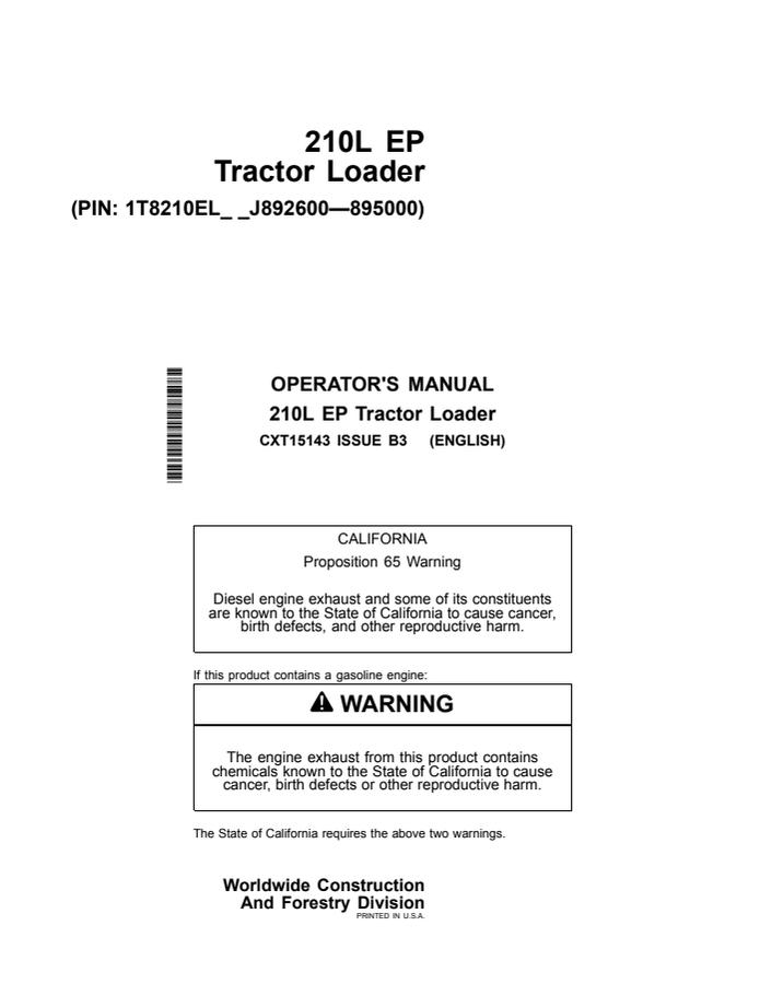 John Deere 210L EP Tractor Loader Operator manual CXT15143 — actual manual cover
