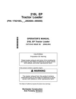 John Deere 210L EP Tractor Loader Operator manual CXT15143 — actual manual cover