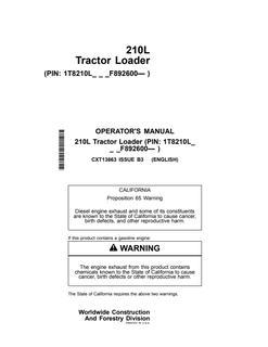 John Deere 210L Tractor Loader Operator manual CXT13663 — actual manual cover