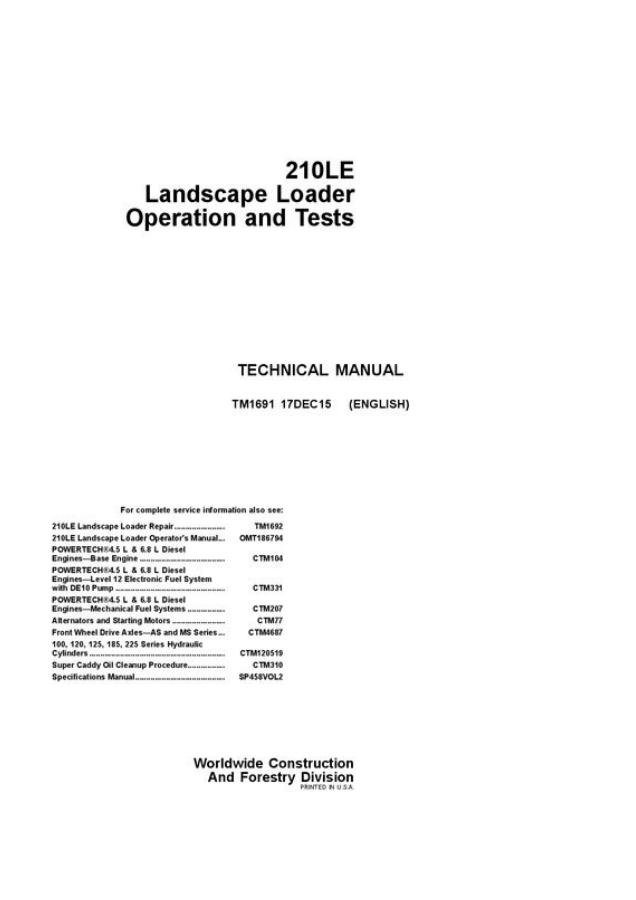 John Deere 210LE Landscape Loader Operation and Tests Technical Manual TM1691 — actual manual cover