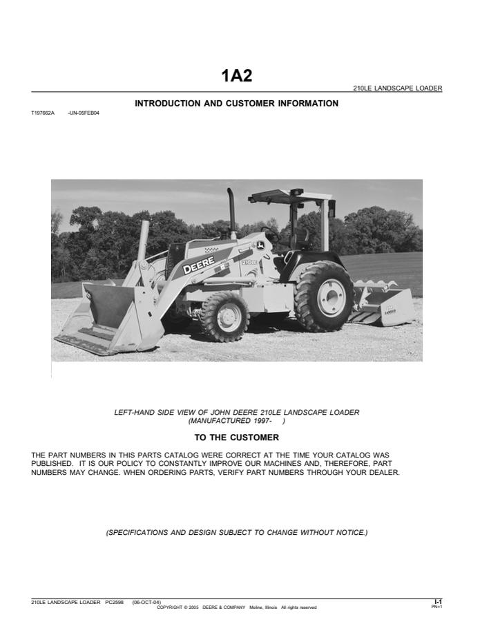 John Deere 210LE Landscape Loader Parts Catalog PC2598 — actual manual cover