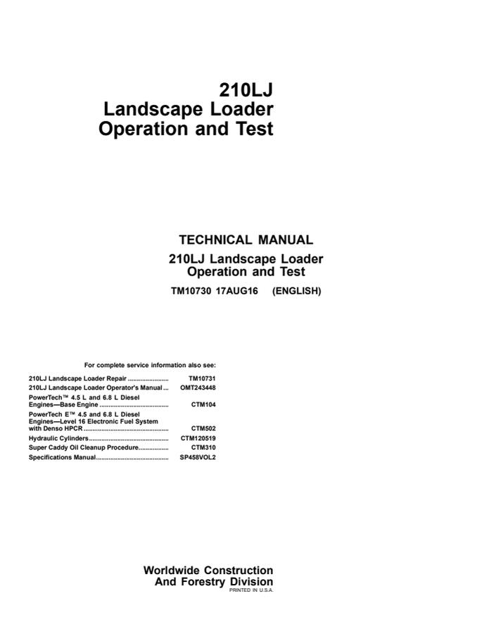 John Deere 210LJ Landscape Loader Operation and Test Technical Manual (TM10730) — actual manual cover