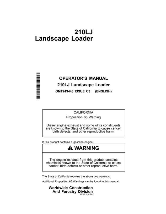 John Deere 210LJ Landscape Loader Operator manual OMT243448 — actual manual cover