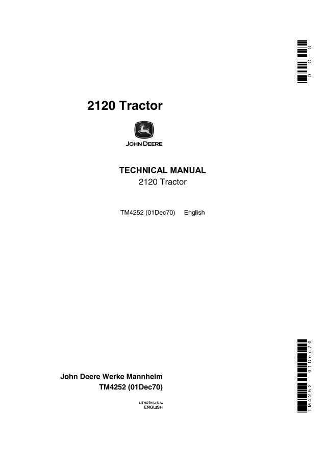 John Deere 2120 Tractor Technical Manual TM4252 1970-12-01 — actual manual cover