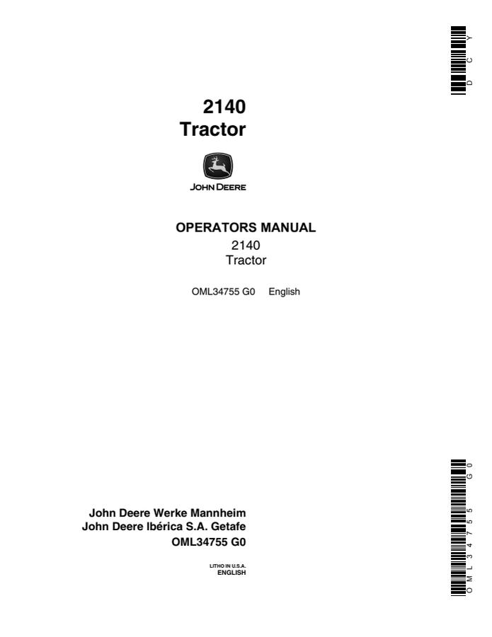 John Deere 2140 Tractor Operator manual OML34755 — actual manual cover