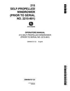 John Deere 215 Self-Propelled Windrower Operator manual OMH90727 — actual manual cover