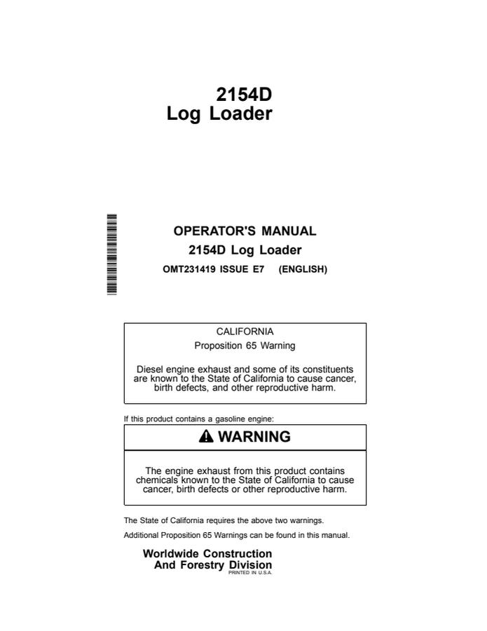John Deere 2154D Log Loader Operator manual OMT231419 — actual manual cover