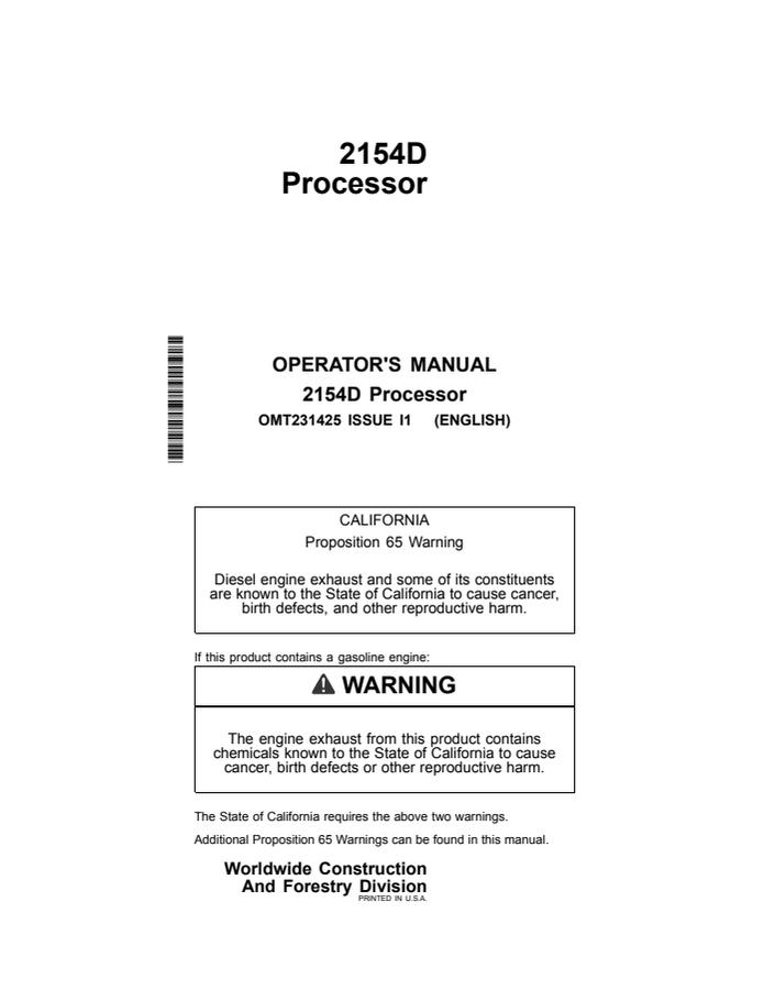 John Deere 2154D Processor Operator manual OMT231425 — actual manual cover